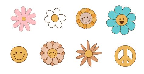 Groovy flowers set. Retro 70s smiling face flowers graphic elements ...