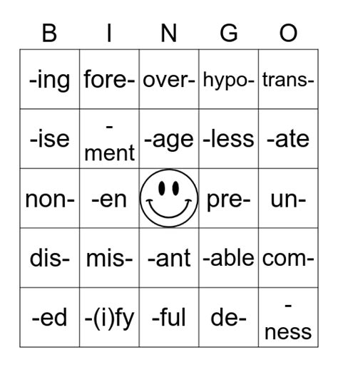 Prefixes And Suffixes Bingo Bingo Card