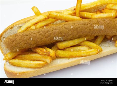 American fricadelle sausage sandwich isolated on a white background ...