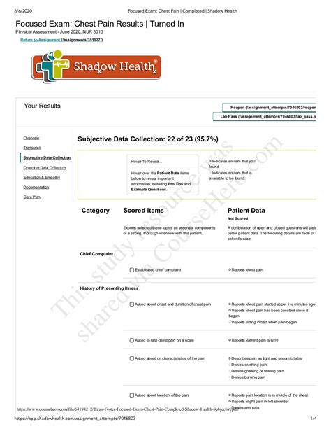 Nur Biran Foster Focused Exam Chest Pain Completed Shadow Health