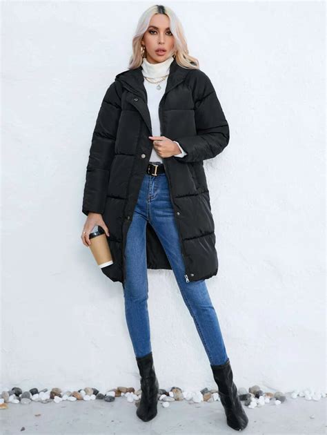 Shein Lune Manteau Matelass Capuche Simple Boutonnage Pour L Hiver