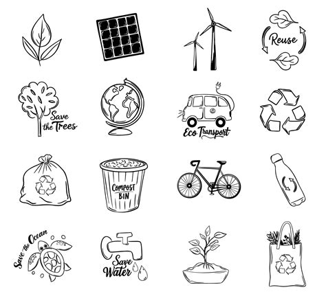 Set Of Ecology Stickers With Slogans In Doodle Style Eco Transport Save Energy Care For