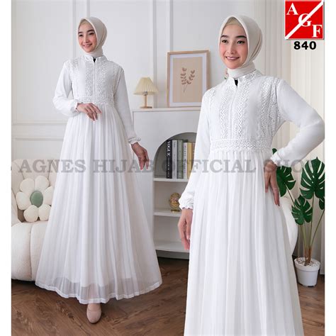 Jual Agnes Hijab Fujhy Dress Gamis Putih Lebaran Terbaru Murah