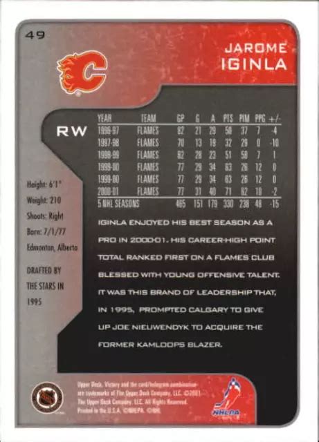 CARTE DE HOCKEY 2001 02 UD Victory Calgary Flames 49 Jarome Iginla EUR