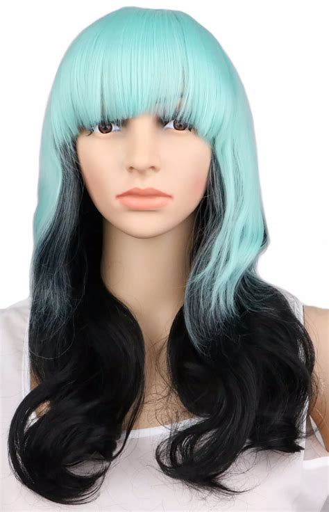 Qqxcaiw Women Long Curly Cosplay Wig Mixed Mint Green To Black 55 Cm Synthetic Hair Wigs In