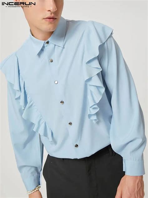 Long Sleeve Ruffle Shirt Men Incerun Casual Men Shirt Mens Ruffled