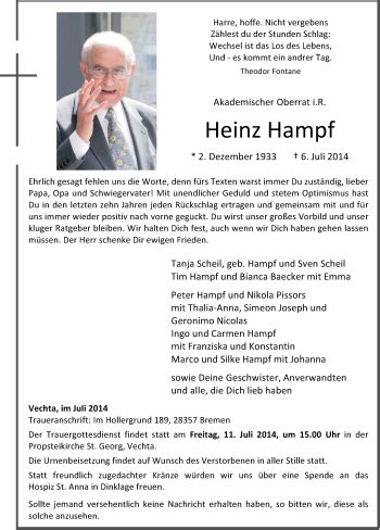 Traueranzeigen Von Heinz Hampf Om Trauer De