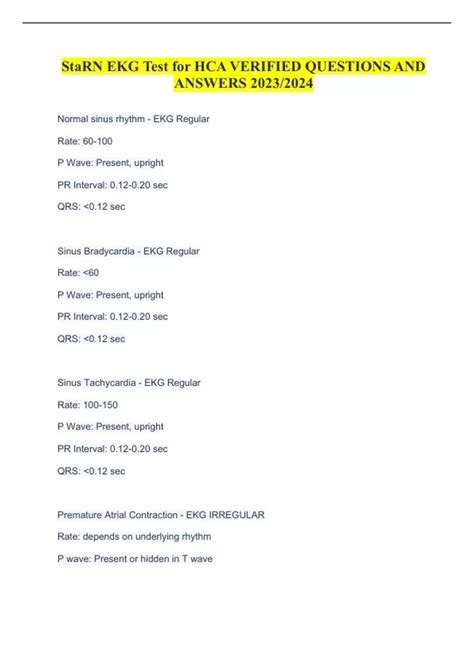 StaRN EKG Test For HCA VERIFIED QUESTIONS AND ANSWERS 2023 2024 Ekg