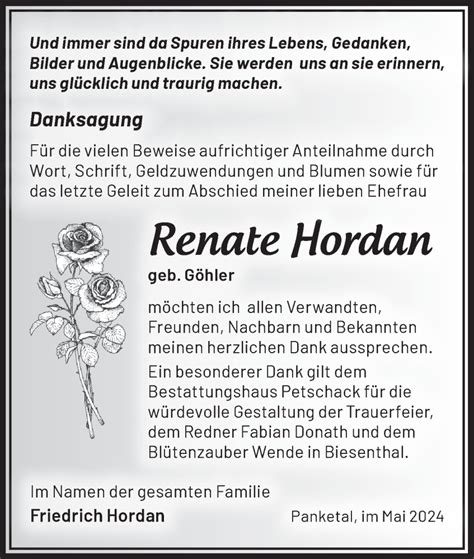 Traueranzeigen Von Renate Hordan M Rkische Onlinezeitung Trauerportal