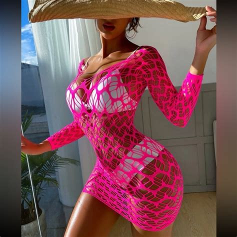 Swim Sexy Hot Pink Crochet Fishnet Mesh Bikini Coverup Dress Poshmark