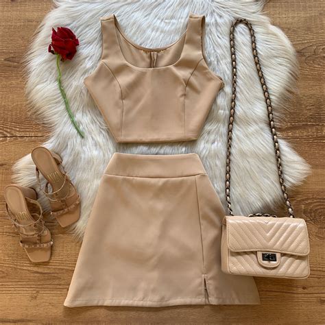 Conjunto Alfaiataria Cropped E Saia Fenda Nude Dondoca Moda Feminina