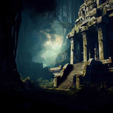 Ancient Temple In Dark Jungle Old Ruins In Fantasy Tropical Forest