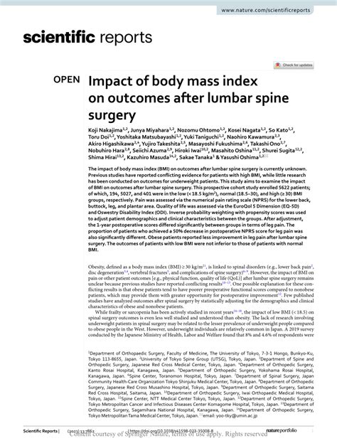 Pdf Impact Of Body Mass Index On Outcomes After Lumbar Spine Surgery