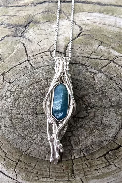 Wire Wrapped Blue Apatite Crystal Gemstone Sterling Silver Pendant