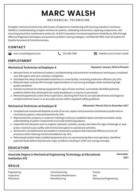 Mechanical Technician Resume (CV) Example and Writing Guide