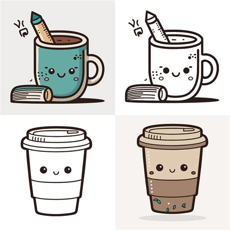 Coffee Cup Logo Cute Coffee Cup Cartoon Line Art Colorful Vector