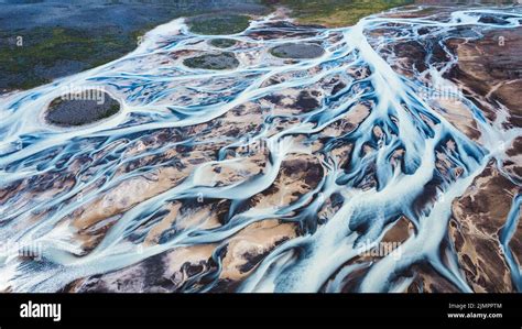 Aerial View Of Glacial Rivers In The Highlands Of Iceland Hi Res Stock