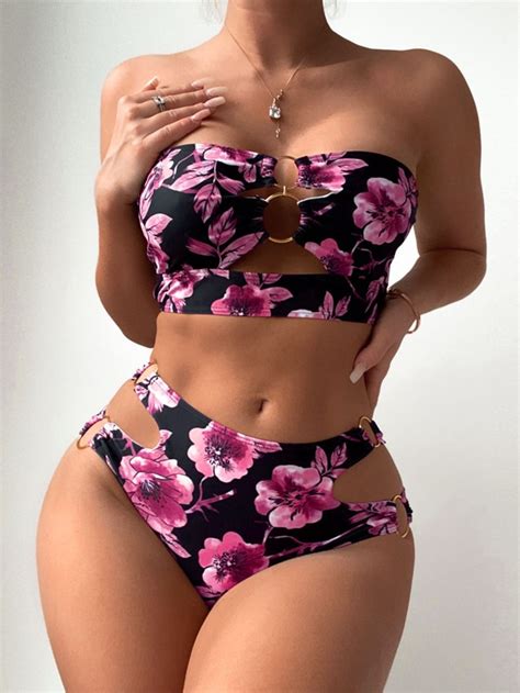 Shein Swim Vcay Floral Print Ring Linked Bandeau Bikini Swimsuit