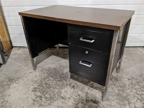 Small Black Metal Desk with Dark Walnut Top and Drawers