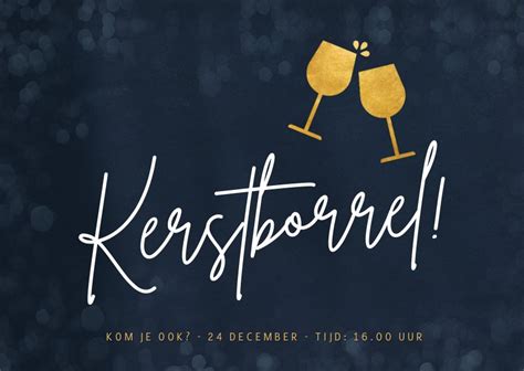 Uitnodiging Kerstborrel Met Gouden Wijnglazen Kaartje2go