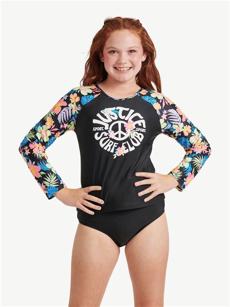 Justice Girls Long Sleeve Rashguard With Bikini Bottom 2 Piece Swimsuit Sizes 5 18