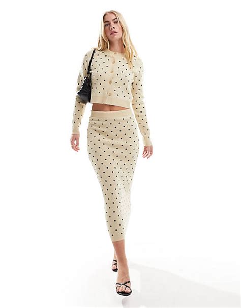 Asos Design Knitted Jacquard Button Through Cardigan And Midi Skirt In Cream Polka Asos