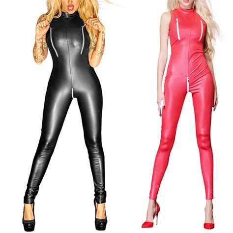 Sexy Faux Pu Leather Rompers Zipper Open Crotch Bodysuit Club Lingerie Body Stocking Slim