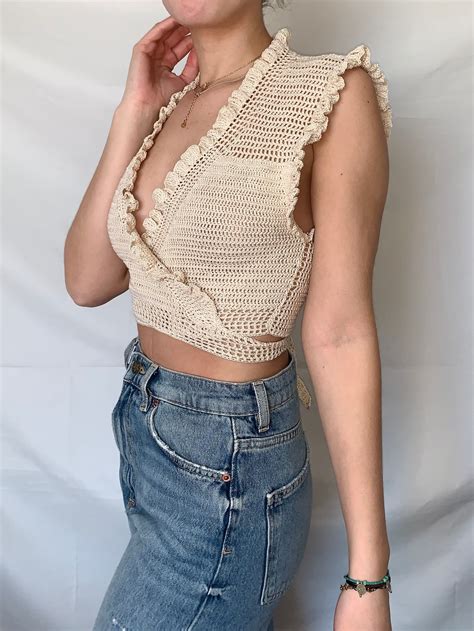 Nude Crochet Top Nude Crochet Crop Top Beige Crochet Top Beige Crochet Wrap Top Etsy