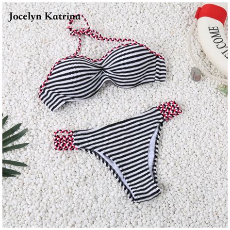 2017 Striped Women Push Up Halter Bikinis Swimsuit Sexy Patchwork Retro Bikini Set Swimwear