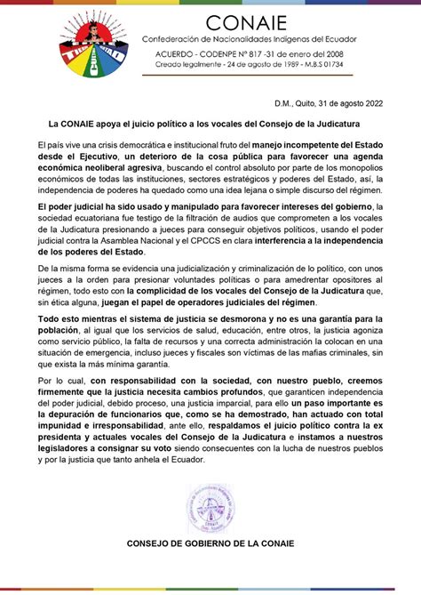 Conaie On Twitter La Conaie Apoya El Juicio Pol Tico A Los Vocales