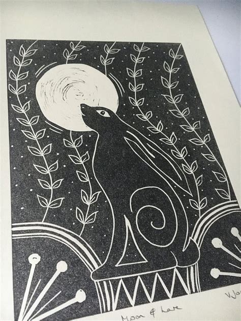 Moon Gazing Hare Original Limited Edition Linocut Lino Print Handmade