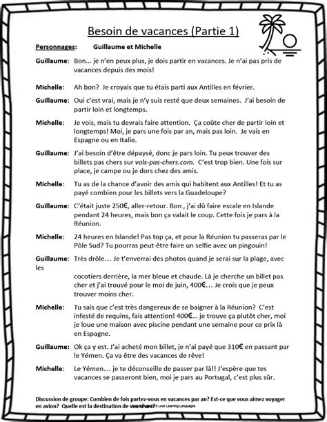 French Need Of Holidays Advanced Skit By Teach Simple