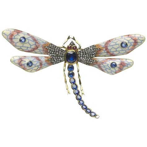 Plique Jour Enamel Diamond Sapphire Ruby Gold Dragonfly Brooch