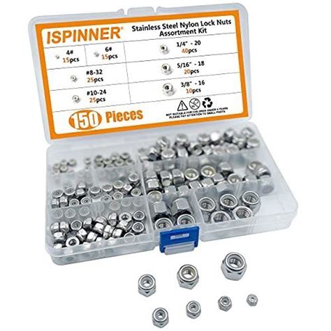 150pcs Lock Nuts Assortment Kit Nylon Insert Nut 304 Stainless Steel