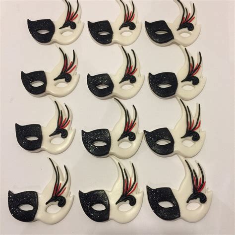 Masquerade Mask Cupcake Toppers Black White With Hint Of Red Etsy