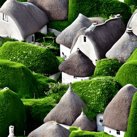 Whimsical Thatched Cottages Digital Graphic Grass Green Pattern