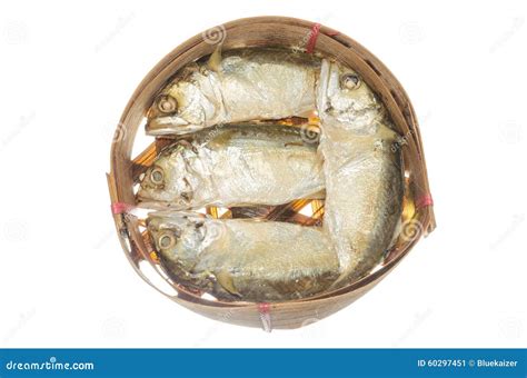 Thai Gulf Mackerel Fish In Bamboo Basket Isolated On White Stock Image