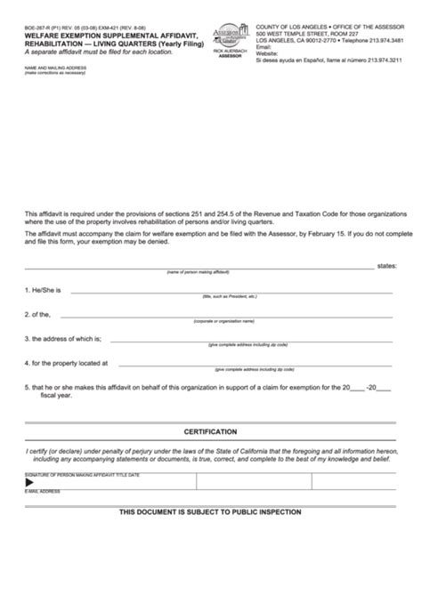 Fillable Form Boe 267 R P1 Welfare Exemption Supplemental Affidavit