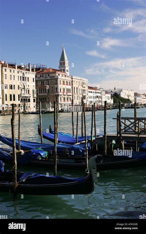 Typical View Of Venetian Gondolas On Grand Canal With St Marks Square