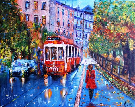 Rainy city painting Rainy cityscape City Streetcar art Red | Etsy