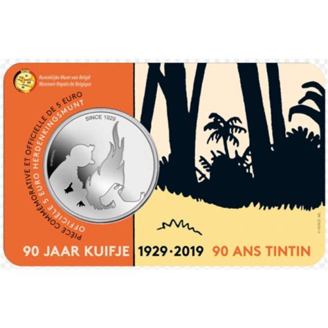 5 euromunt België 2019 90 jaar Kuifje in RELIËF BU in coincard