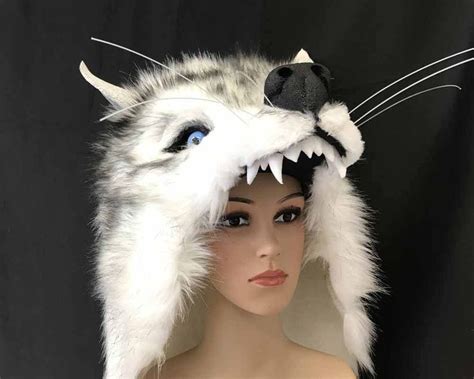 Realistic White Wolf Headdress Mask Costume Hat Adult Faux Etsy Uk