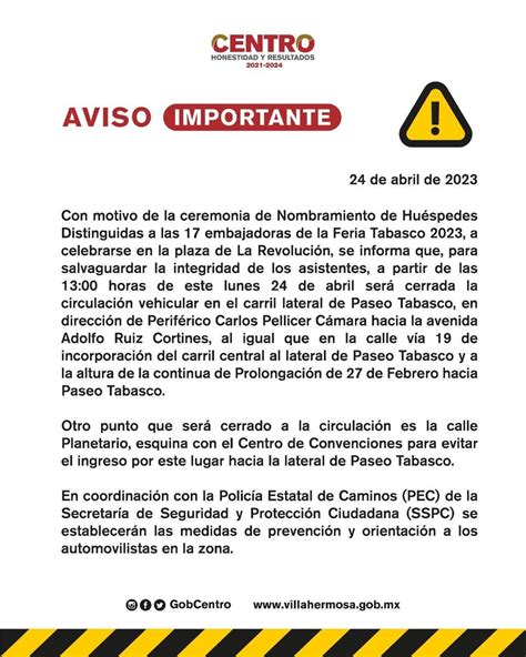 Tabasco Hoy On Twitter Avisoth🚨 El Gobcentro Informa Que Este