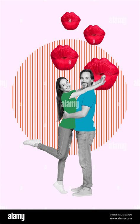 Creative artwork collage of couple smile people embracing together enjoy relationships pouted ...