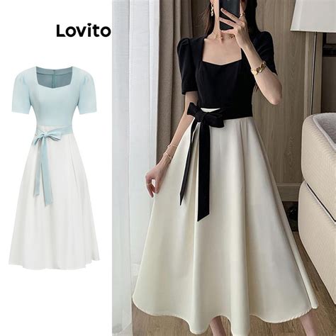 Lovito Elegant Patchwork Fabric Stitching Belted Dress For Women