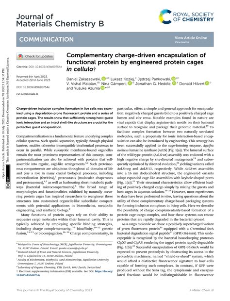 PDF Complementary Charge Driven Encapsulation Of Functional Protein