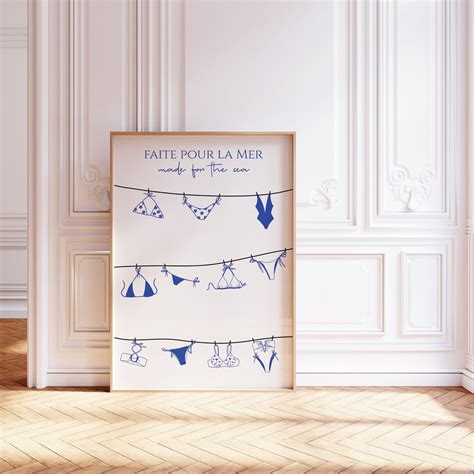 Vintage Coastal Print Trendy Bikini Poster Hand Drawn Summer Wall Art French Blue Aesthetic