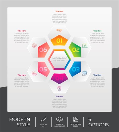 Design de infográfico de hexágono de fluxo de trabalho 6 opções e