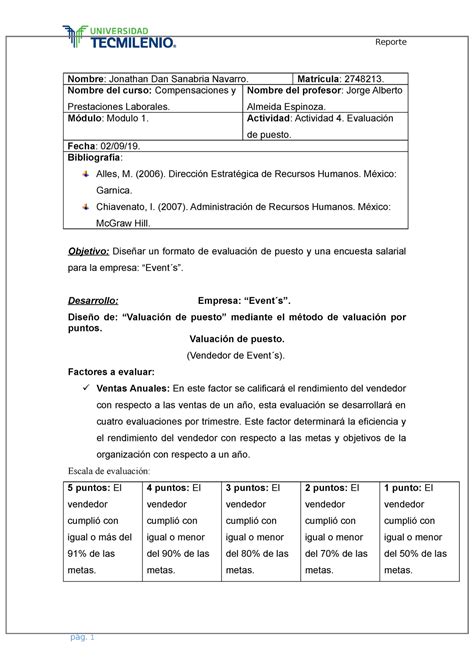 Actividad Compensaciones Y Prestaciones Laborales Nombre