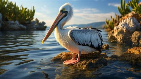 Premium Photo A Pelican Standing On A Rock In The Water Nature Background